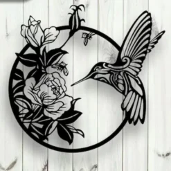 wall art bloem en kolibri